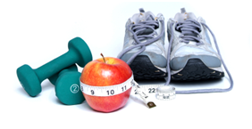 picture with an apple that reminds the concept of healthy diet, and sneakers and small weights for physical activity