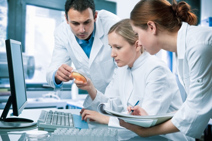 Three researchers working together to analyze some results